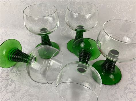 5 Large Green Stemmed Wine Glasses Green Colored Ribbed Stem Roemer Glasses Vintage Mid