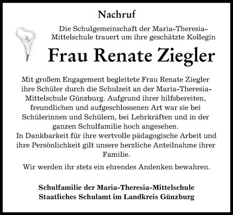 Traueranzeigen Von Renate Ziegler Augsburger Allgemeine Zeitung