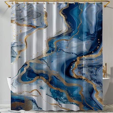 Shower Curtain Blue And White Marble With Gold Veins Unique Highend