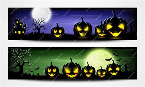 Premium Vector Halloween Night Banners With Scary Pumpkins