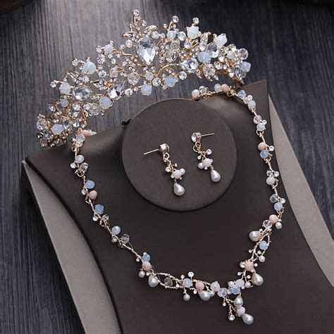 Wedding Bridal Crystal Pearl Gold Crown Tiara Necklace Earrings Jewelry