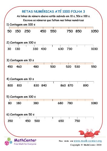 Retas Numéricas Até 1000 Folha 3 Planilhas Math Center