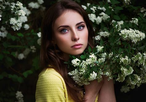 White Women Model Portrait Flowers Long Hair Red Photography