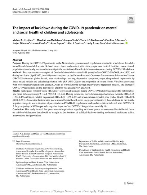 Pdf The Impact Of Lockdown During The Covid 19 Pandemic On Mental And