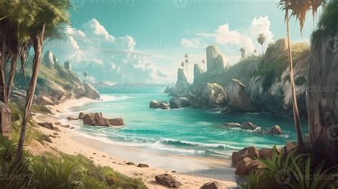 Beach Fantasy Backdrop Concept Art Realistic Illustration Background