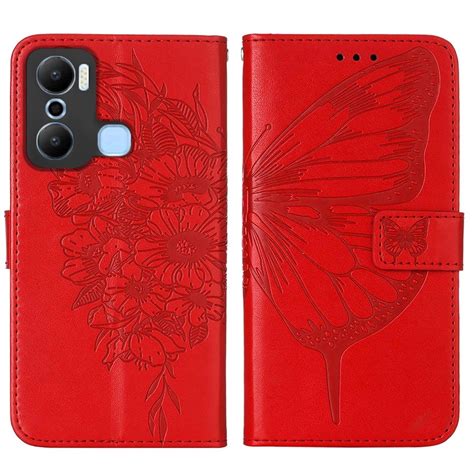 For Infinix Hot Play Embossed Butterfly Flip Leather Phone Case Red Alexnld