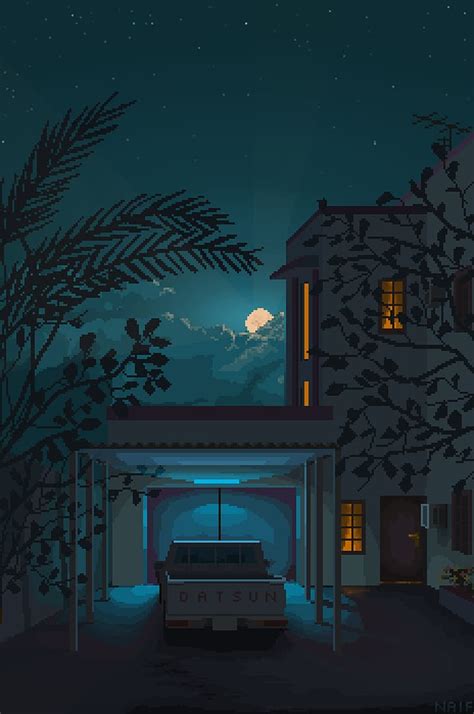 Pixel Art Arte Digital Noche Casa Coche Luna Nubes Hojas Luz De