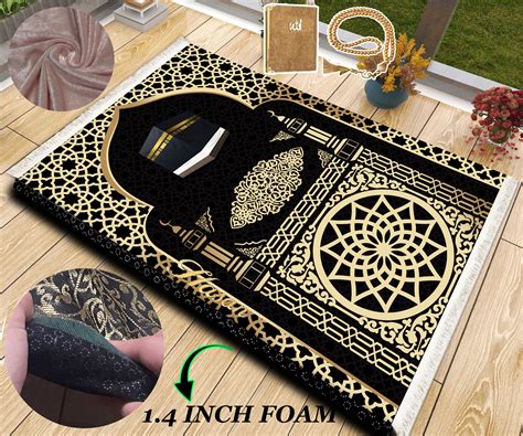 Personalized Foam Padded Kaaba Gold Black Name Prayer Rug With Yaseen