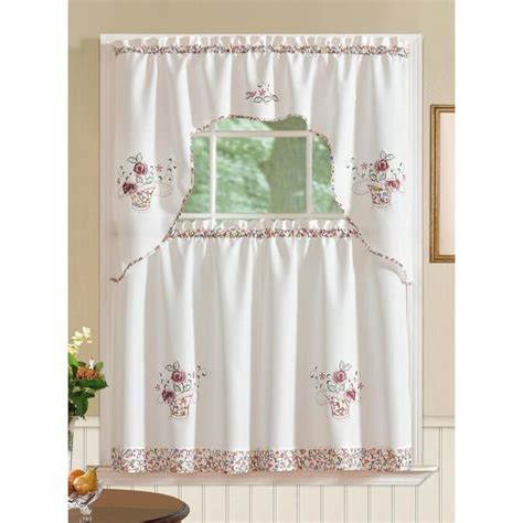 Rt Designers Collection Grand Rose Embroidered Kitchen Curtain Set In