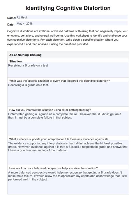 Cognitive Distortions Worksheet Therapist Aid Worksheets Library