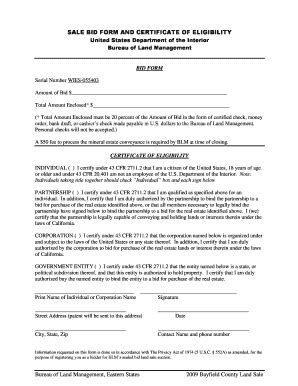 Fillable Online Blm Sale Bid Form And Certificate Of Eligibility