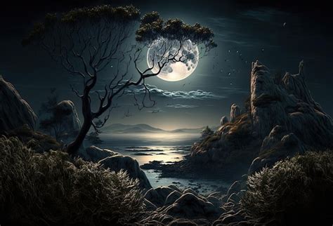 Premium AI Image | A painting of a moonlit landscape with a tree and a cliff in the background.