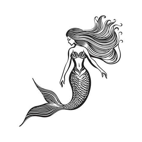 Black and white mermaid on white background. Vector illustration ...