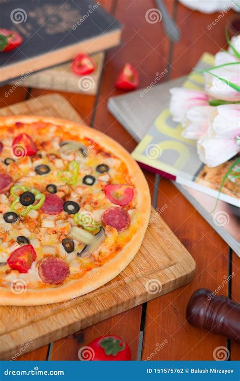 Pepperoni Pizza With Bell Pepper Tomato Slices Mushroom And Olives