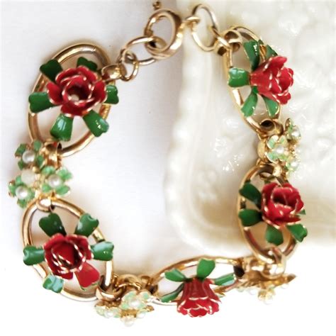 Hermosa Pulsera Vintage Gold Tone Con Rosas Rojas Esmaltadas Etsy