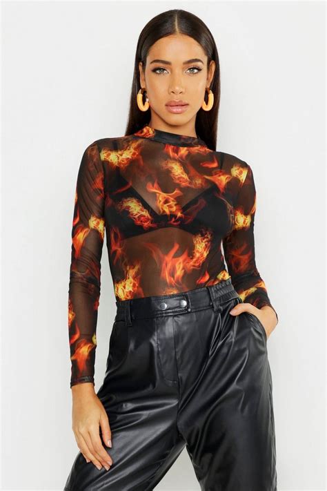 Flames Mesh Long Sleeve Bodysuit Boohoo Uk