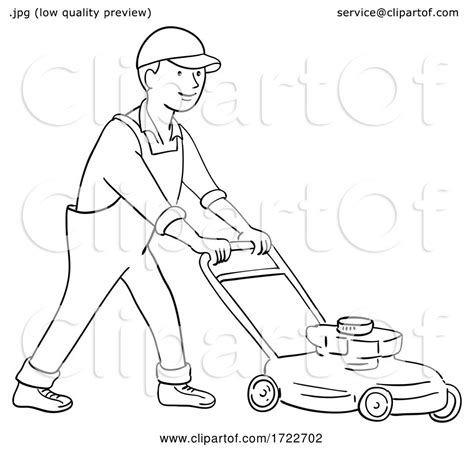 Gardener Mowing Lawn With Lawnmower Side View Black And White Cartoon