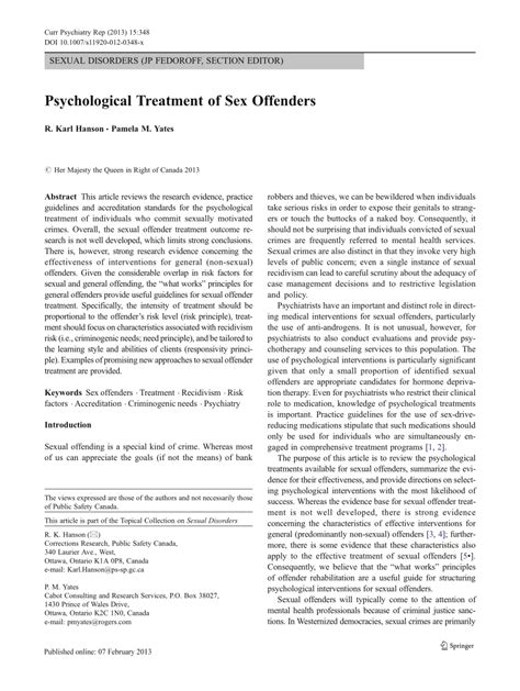 Pdf Psychological Treatment Of Sex Offenders