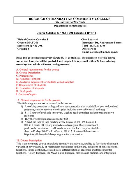 Course Syllabus For Hybrid Calculus I MAT 301 0802 Spring 2017