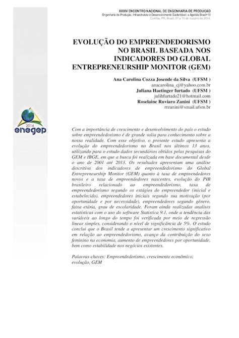 Pdf Evolu O Do Empreendedorismo No Brasil Abepro Org Br Biblioteca