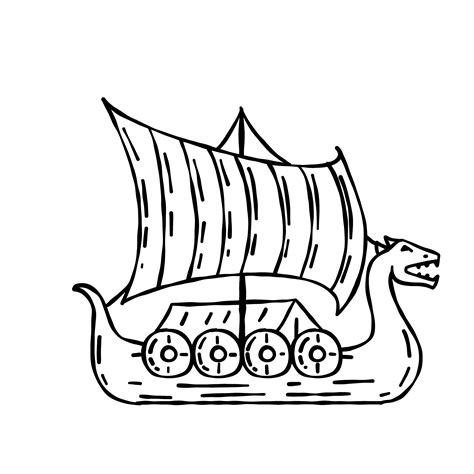 Drakkar Viking ship. Medieval military boat with sails and shields ...