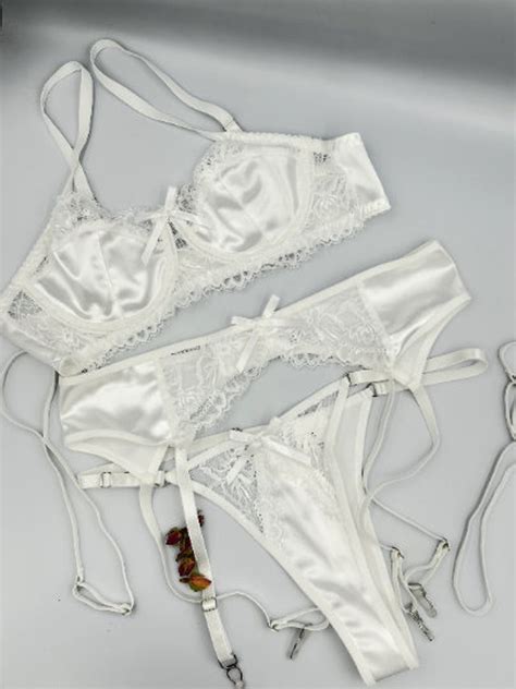 White Satin Lingerie Set Lace Lingerie Set Transparent Lingerie Embroidered Lingerie Set