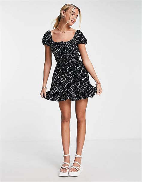 Asos Design Tie Front Short Sleeve Mini Tea Dress In Mono Spot Asos