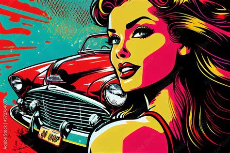 Portrait Von Sexy Pin Up Girl Mit Einem Oldtimer Im Bunten Pop Art