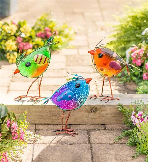 Indooroutdoor Metal And Colorful Iridescent Glass Bird Statues Set Of