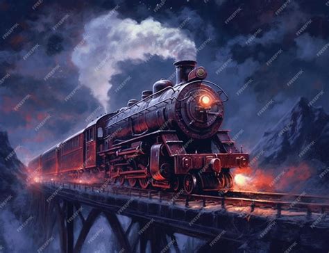 Картина поезда на рельсах с горой на заднем плане генеративный ...