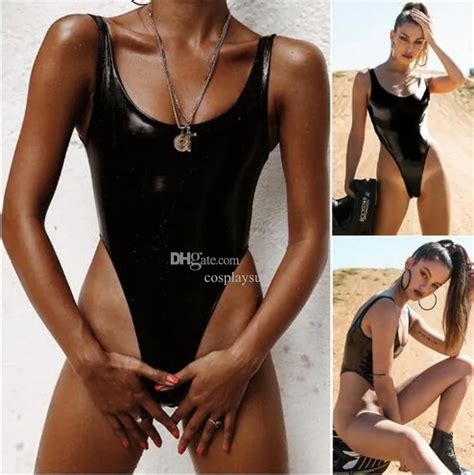 Sexy Bandage One Piece Bikini With High Cut Legs Womens PVC Swimwear