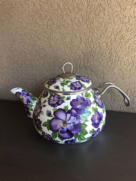 Interos Enamel Tea Kettle Vintage Purple Floral Teapot T0510