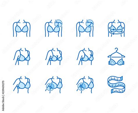 Lingerie Flat Line Icons Set Bra Fitting Breast Measurement With Measuring Tape Female Body