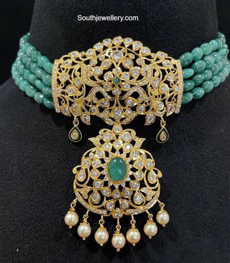 Emerald Beads Choker With Uncut Diamond Pendant Indian Jewellery Designs