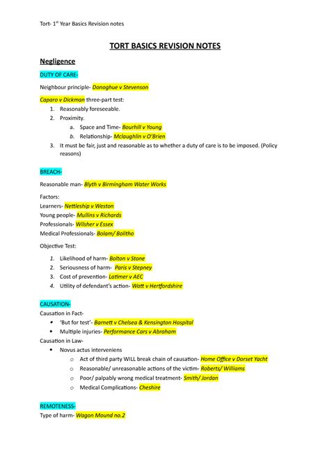 Tort Basics Revision Notes St Year Basics Revision Notes Tort Basics