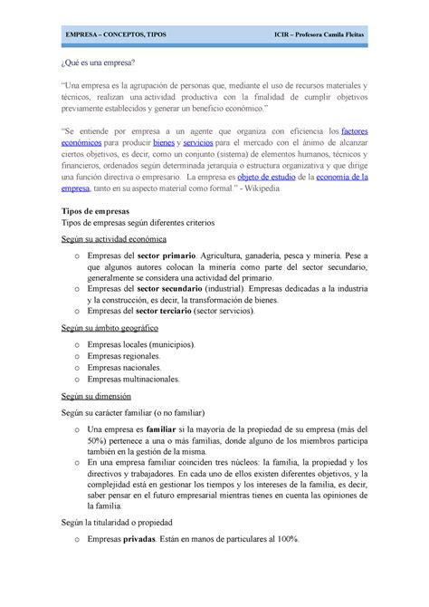 Qué es una empresa EMPRESA CONCEPTOS TIPOS ICIR Profesora Camila