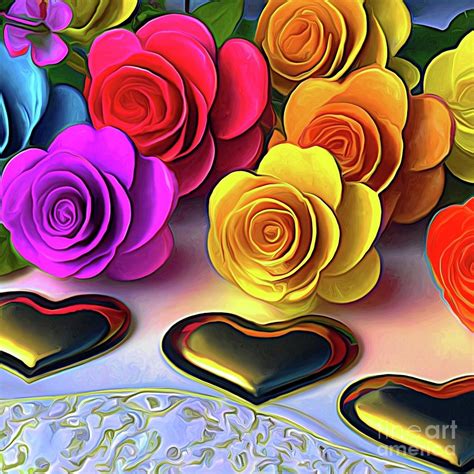 3d Look Artificial Intelligence Art Multicolored Roses And Golden Hearts On White Lace 3