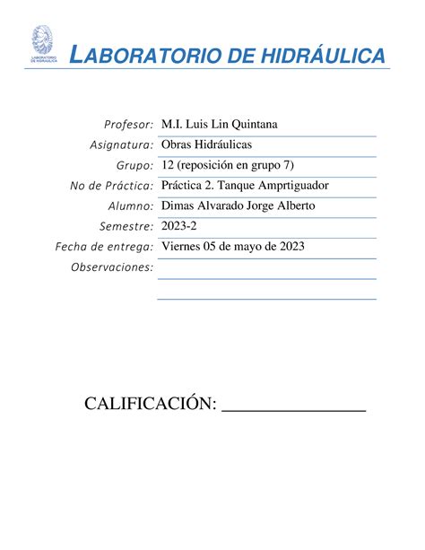 Obras Hidráulicas CALIFICACIÓN Profesor M Luis