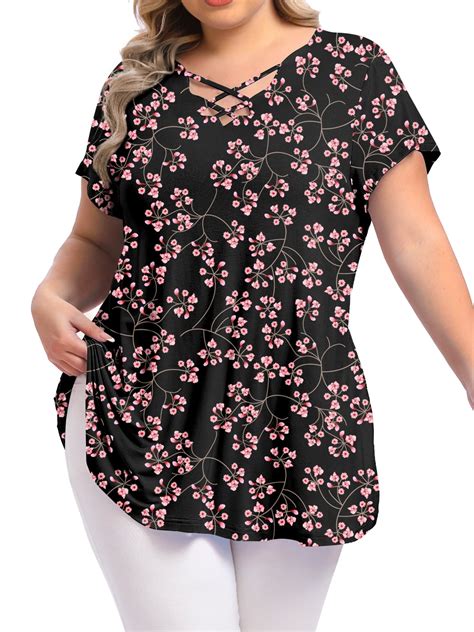 Mengpipi Women S Plus Size Criss Cross V Neck Short Sleeve Casual