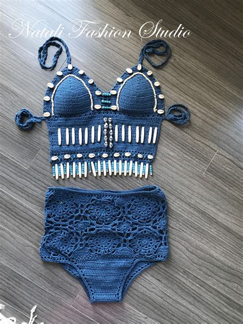 Crochet Swimsuit Bikini Halter Top Swimwear Top Beaded Brazilian Swimwear Bikinis Crochet Bikini