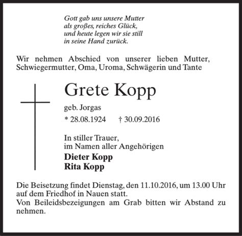 Traueranzeigen Von Grete Kopp Trauer Anzeigen De