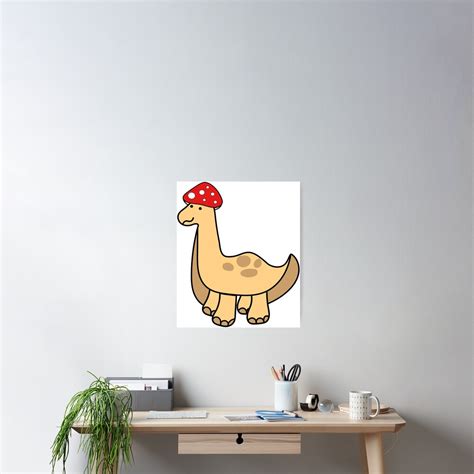 Simple Red And White Mushroom Hat Brontosaurus Dinosaur Poster By