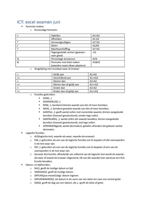 Informatica Samenvatting 1ste Jaar ICT Excel Examen Juni Formules