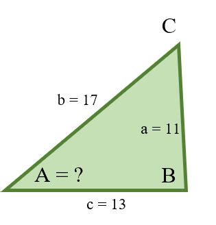 Find measure of angle A in triangle ABC if a = 11 feet, b = 17 feet ...