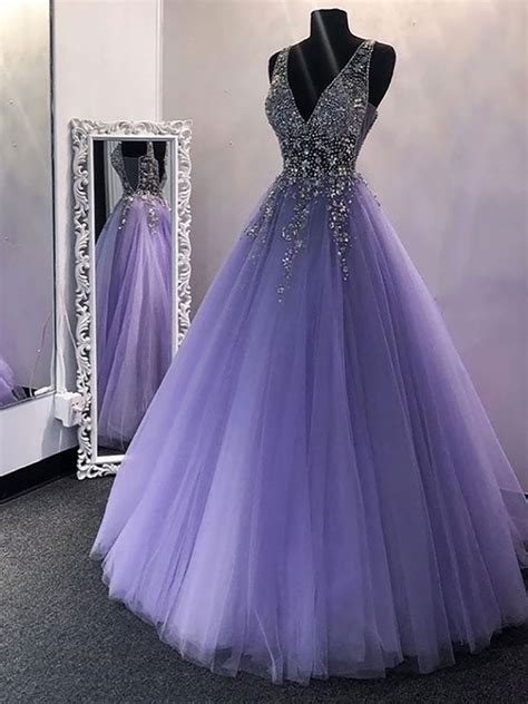 A Line Princess Tulle Beading V Neck Sleeveless Floor Length Dresses