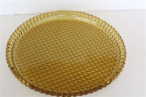 Hobnail Bubble Pattern Pressed Glass Tray Or Cake Plate Amber Color Vintage Glassware