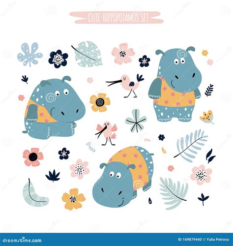 Hippos And Flowers Cartoon Clipart Stock Vector Illustration Of Mammal Adorable 169879440