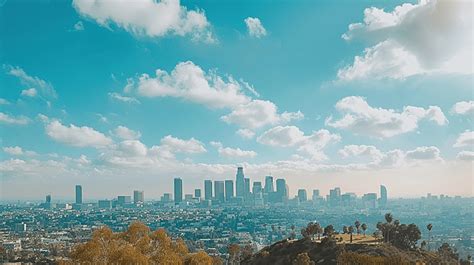 Downtown Los Angeles Skyline Over Blue Cloudy Sky In California From