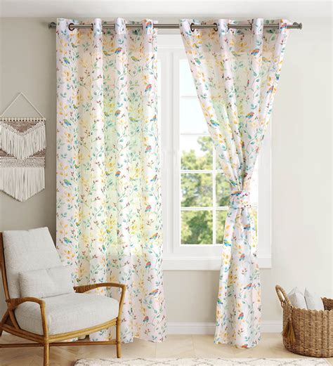 Buy Blue Polyester Floral Ft Sheer Eyelet Door Curtains Set Of At