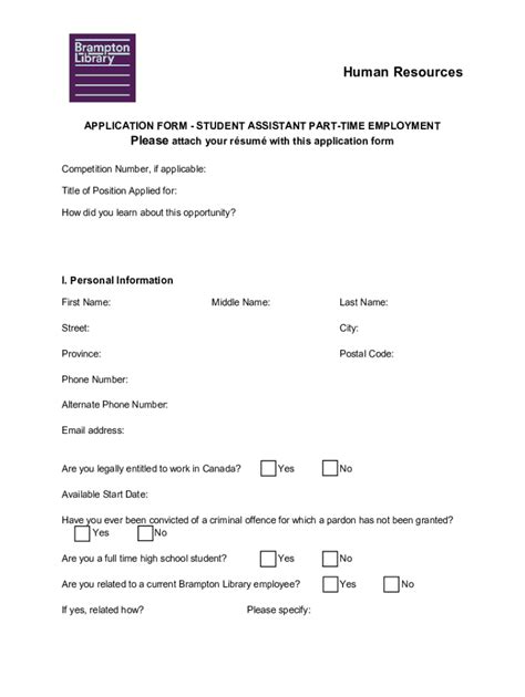 Fillable Online Brampton Library Student Assistant Application Form Fax